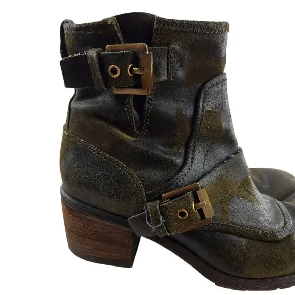 Donald J Pliner Delta Ankle Boots Womens 7 Distressed Olive Green Camo Moto Boho